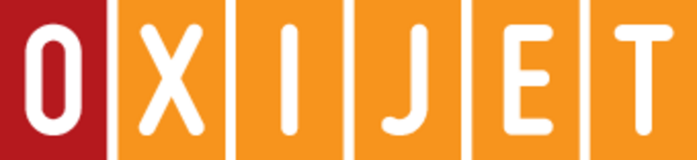 Logo Schriftzug OXIJET mit roten und orangenen Kacheln