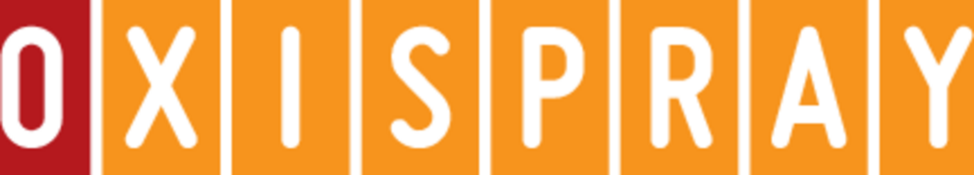 Logo Schriftzug OXISPRAY mit roten und orangenen Kacheln