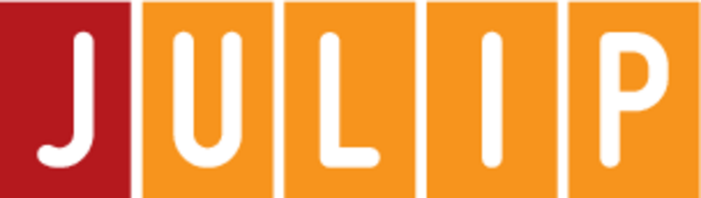 Logo Schriftzug JULIP mit roten und orangenen Kacheln